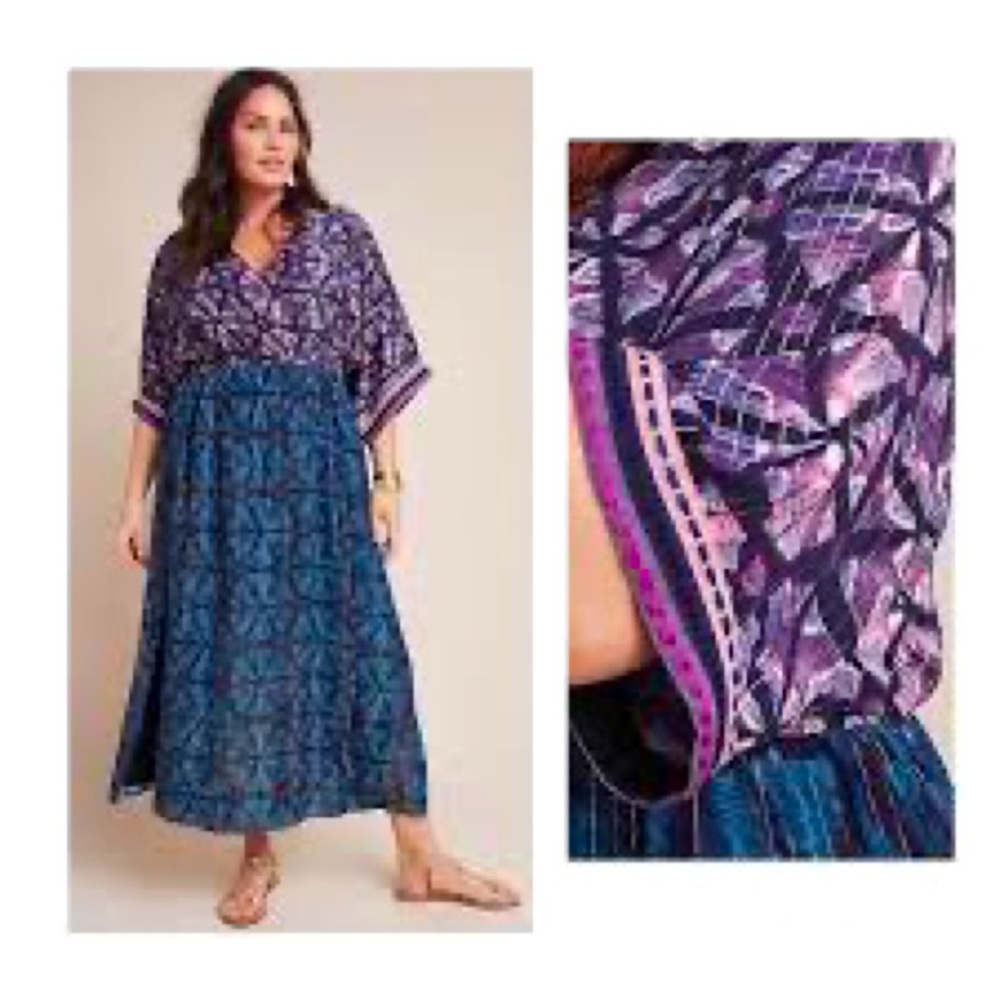 Bl^nk London Metallic Geo maxi dress XS Anthropologie kimono nyc gold blue pink